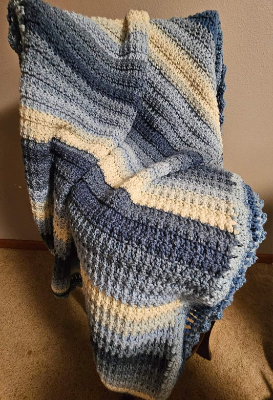 Blue Ombre & White Crib Sized Crochet Blanket